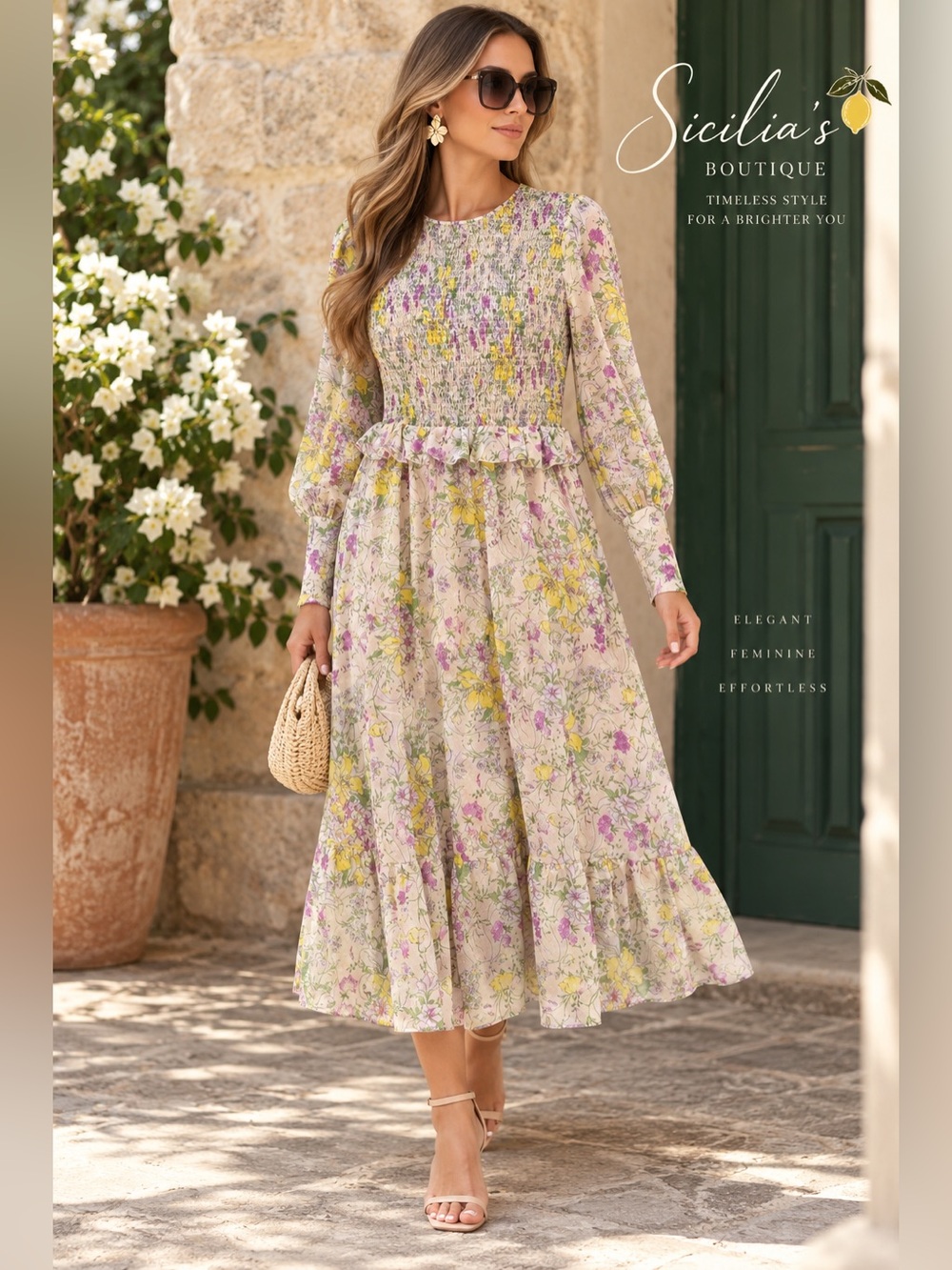 Smocked Floral Long-Sleeve Midi Dress in Cream with Yellow & Pink